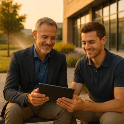 Boss employee looking at tablet